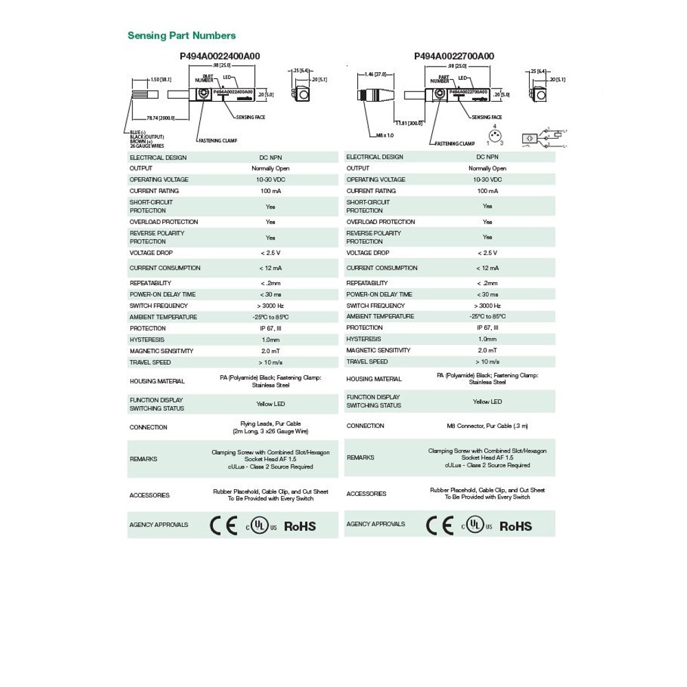 P494A0022800A00 NUMATICS/AVENTICS CYLINDER SWITCH<BR>ELECTRONIC, PNP 10-30VDC, LED, M12 QUICK DISC.